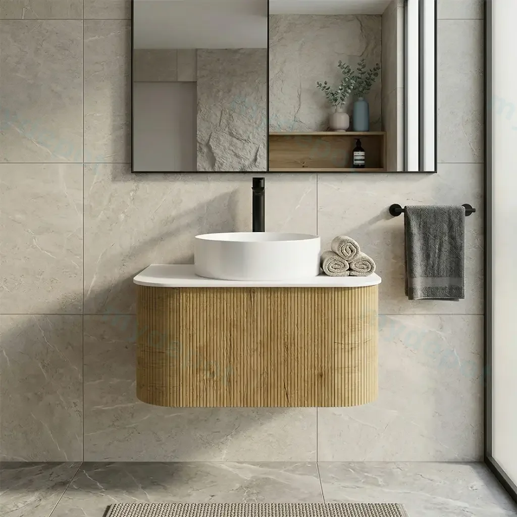 Kiama 750mm Prime Oak One Drawer Curved Wall Hung Vanity Cabinet Only