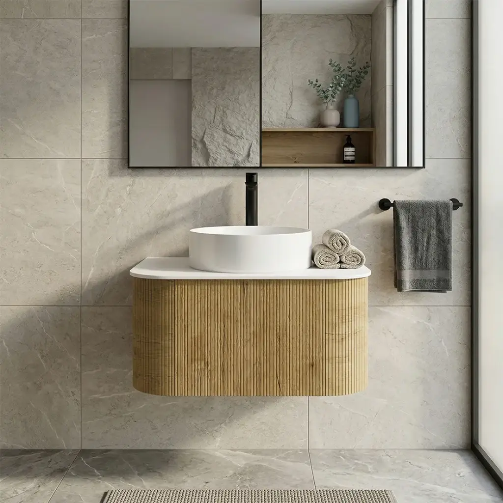 [93293/KC75W-PO] Kiama 750mm Prime Oak One Drawer Curved Wall Hung Vanity Cabinet Only