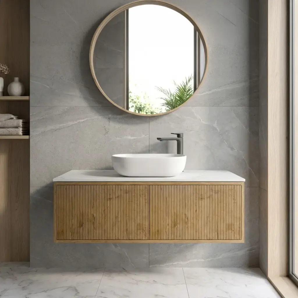 [93284/K1239RW-PO] Kiama Slim 1200mm Prime Oak One Right Drawer One Left Door Narrow Wall Hung Vanity Cabinet Only