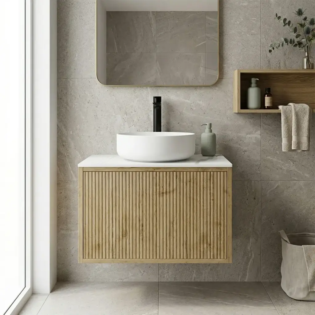 [93279/K639W-PO] Kiama Slim 600mm Prime Oak One Drawer Narrow Wall Hung Vanity Cabinet Only