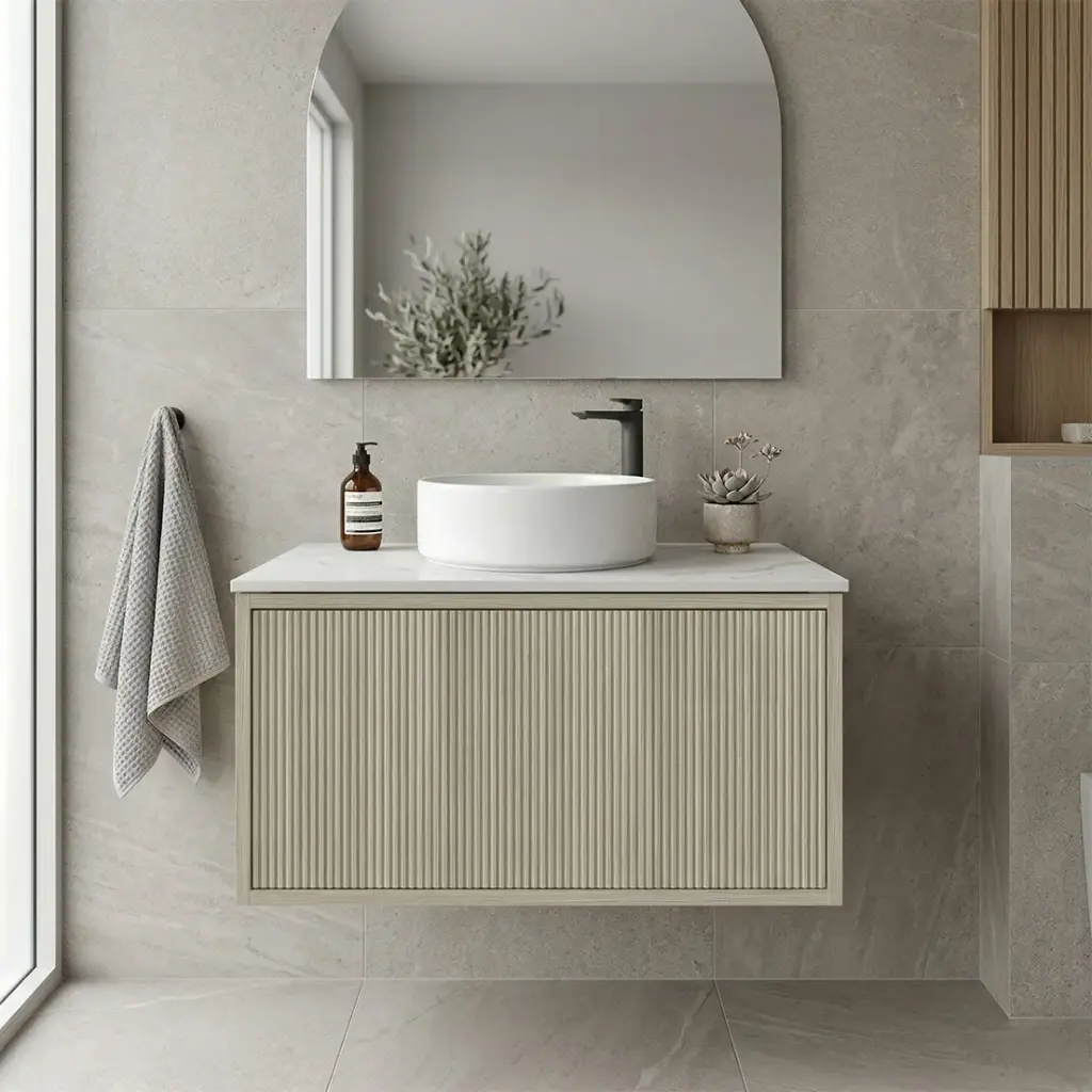 [93287/K739W-CO] Kiama Slim 750mm Coastal Oak One Drawer Narrow Wall Hung Vanity Cabinet Only