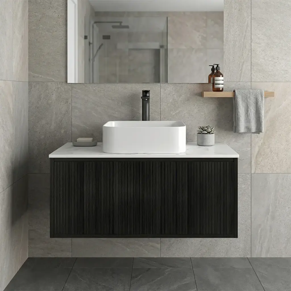 [93326/K939LW-BO] Kiama Slim 900mm Bottega Oak One Left Drawer One Right Door Narrow Wall Hung Vanity Cabinet Only