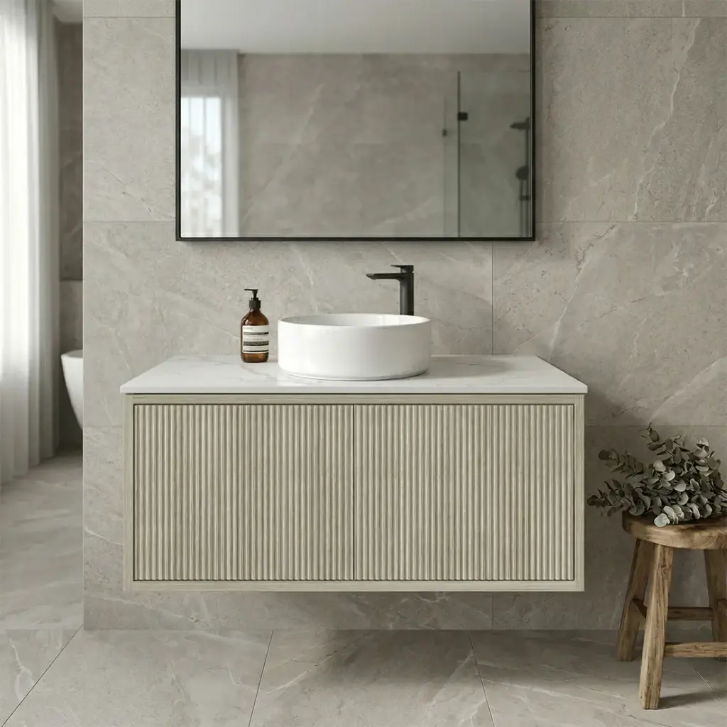 [93289/K939RW-CO] Kiama Slim 900mm Coastal Oak One Right Drawer One Left Door Narrow Wall Hung Vanity Cabinet Only