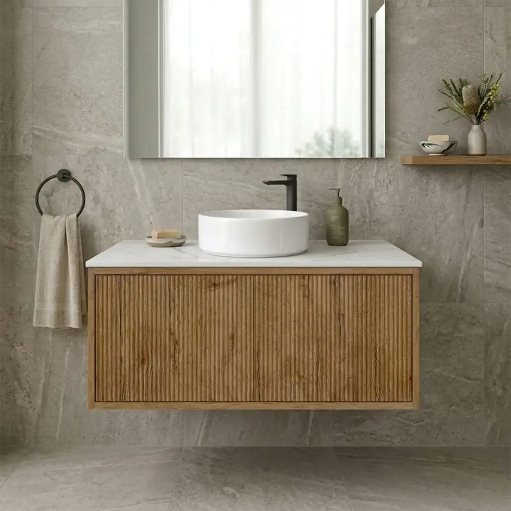 [93282/K939RW-PO] Kiama Slim 900mm Prime Oak One Right Drawer One Left Door Narrow Wall Hung Vanity Cabinet Only