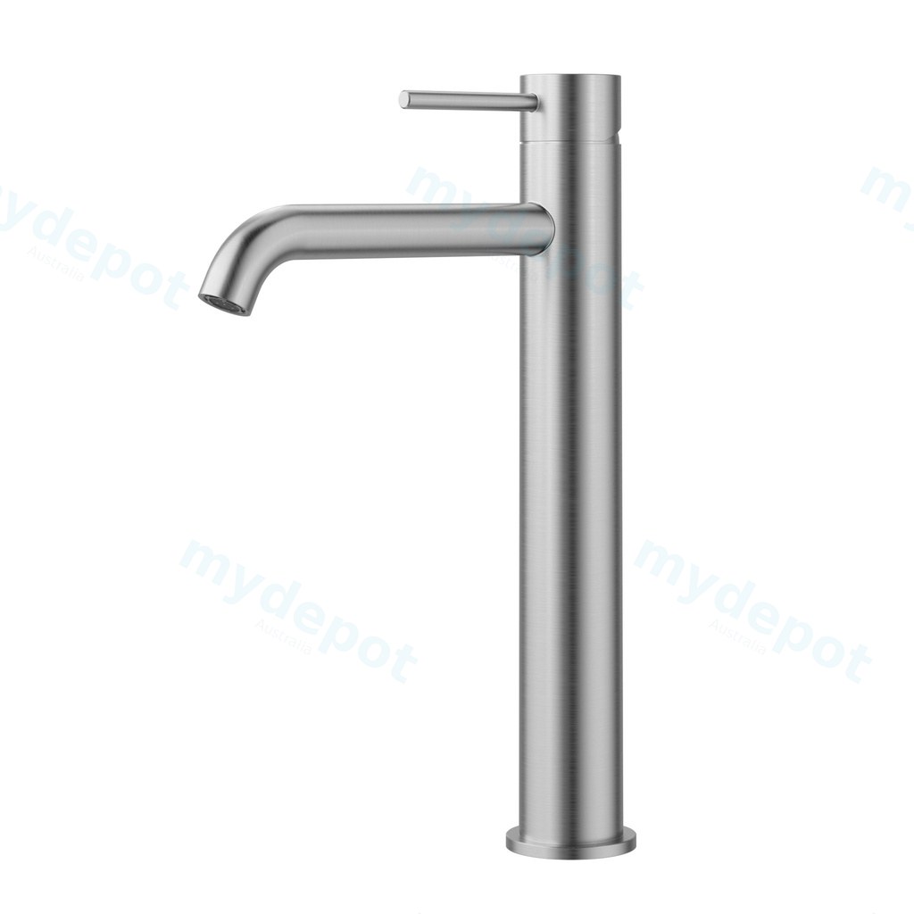 Otus Slimline SS Highrise Basin Mixer Curved Spout Brushed Stainless Steel