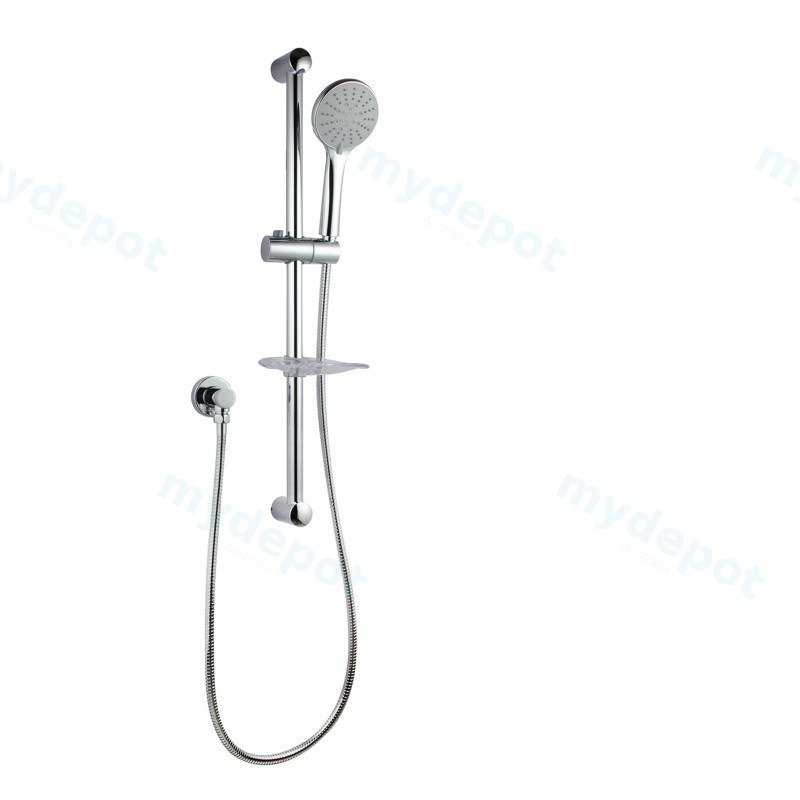 Round Chrome Shower Rail Sliding Holder with Soap Dish Water Hose & Wall Connector Only