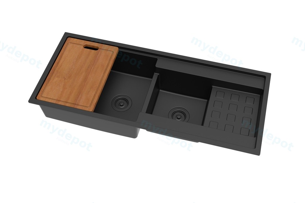 Size:1160*500*225mm Bowl Size:430*523*225mm+300*299*225mm Matte Black Gabrio Granite Sink With Work Station