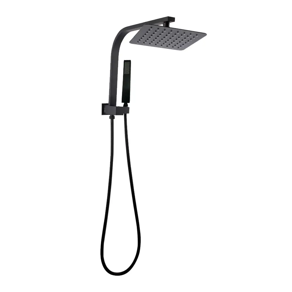 [40273+40286+40309] Square Black Shower Station Set With 200mm Super-Slim Rainfall Shower Head And Handheld Shower Spray Head