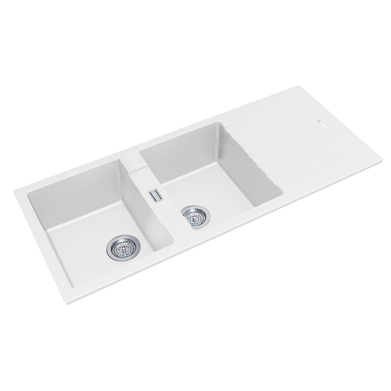 [40538] White Granite Quartz Stone Kitchen Sink Double Bowls Drainboard Top/Undermount 1160*500*200mm