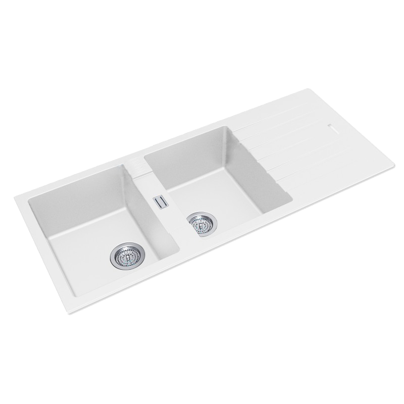 [40538] White Granite Quartz Stone Kitchen Sink Double Bowls Drainboard Top/Undermount 1160*500*200mm