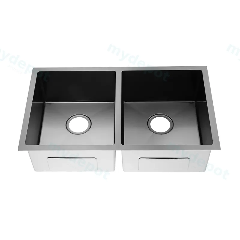 [41516] Round Corner Dark Grey Stainless Steel Handmade Double Bowl Kitchen Sink 770*450*215mm(With Dark Grey Waste)