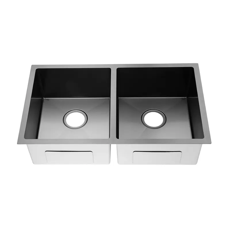 [41516] Round Corner Dark Grey Stainless Steel Handmade Double Bowl Kitchen Sink 770*450*215mm(With Dark Grey Waste)