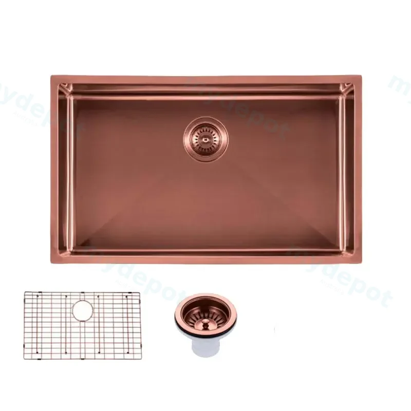 Round Corner Stainless Steel Copper PVD Coating Single Bowl Kitchen Sink(With Bottom Grid) 762*457*254mm