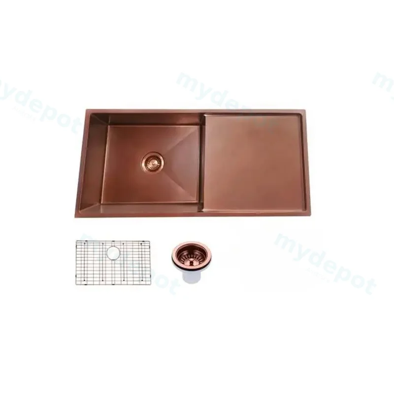 Round Corner Stainless Steel Copper PVD Coating Single Bowl With Drain Board Kitchen Sink(With Bottom Grid) 960*450*230mm