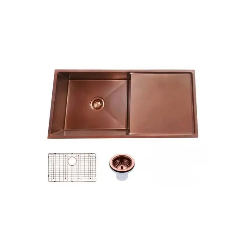 [41530] Round Corner Stainless Steel Copper PVD Coating Single Bowl With Drain Board Kitchen Sink(With Bottom Grid) 960*450*230mm