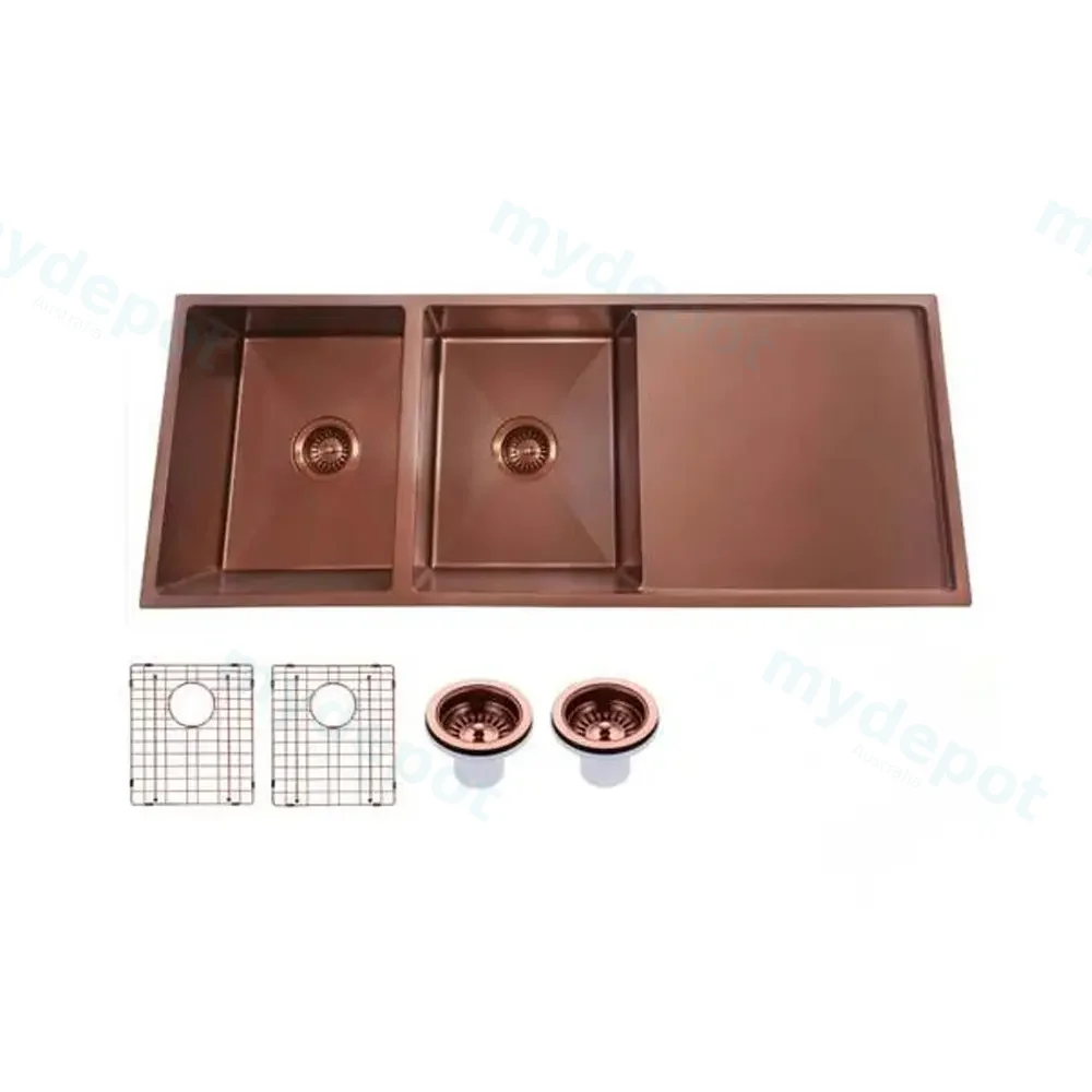 [41535] Round Corner Stainless Steel Copper PVD Coating Double Bowl With Drain Board Kitchen Sink(With Bottom Grid) 1160*460*230mm