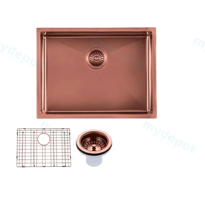 [41536] Round Corner Stainless Steel Copper PVD Coating Single Bowl Kitchen Sink(With Bottom Grid) 600*450*230mm