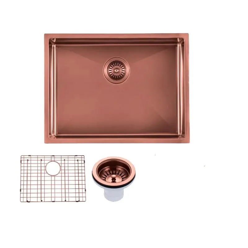 [41536] Round Corner Stainless Steel Copper PVD Coating Single Bowl Kitchen Sink(With Bottom Grid) 600*450*230mm