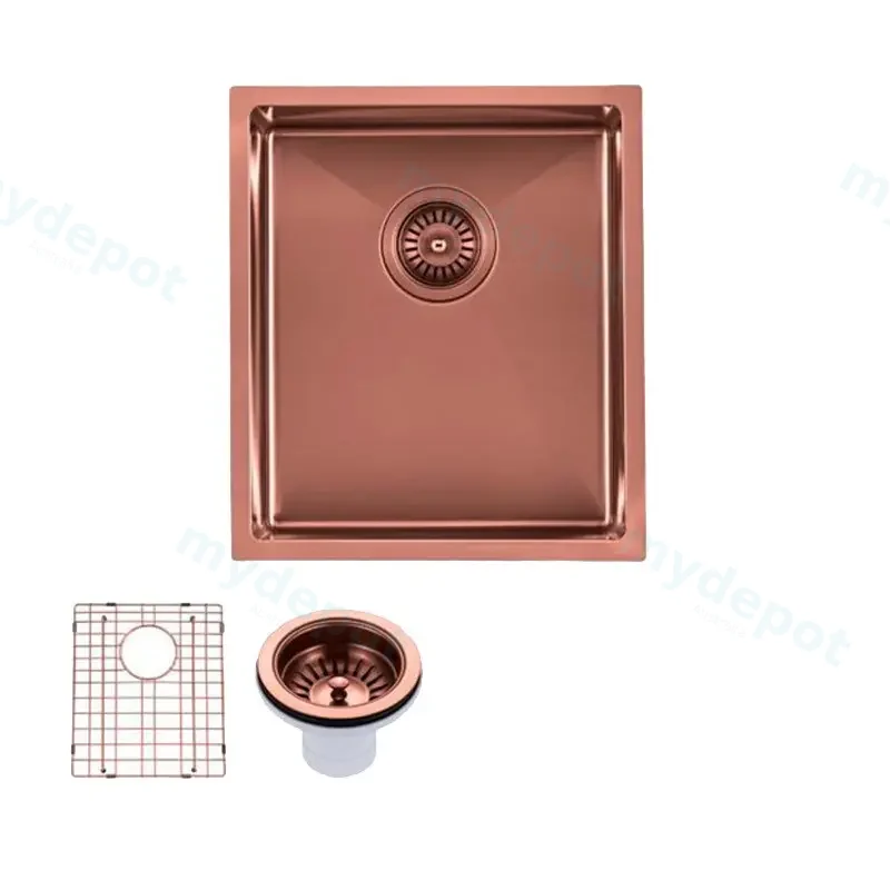 Round Corner Stainless Steel Copper PVD Coating Single Bowl Kitchen Sink(With Bottom Grid) 390*450*215mm