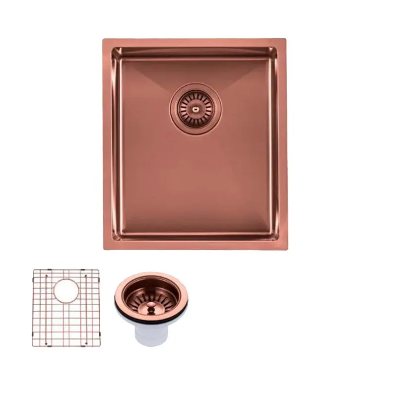 [41539] Round Corner Stainless Steel Copper PVD Coating Single Bowl Kitchen Sink(With Bottom Grid) 390*450*215mm