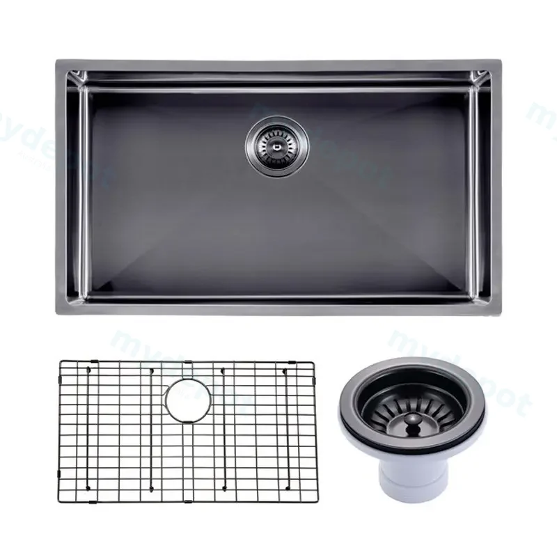 (C-762 Black)Round Corner Stainless Steel Gun Metal Grey PVD Coating Single Bowl Kitchen Sink(With Bottom Grid) 762*457*254mm