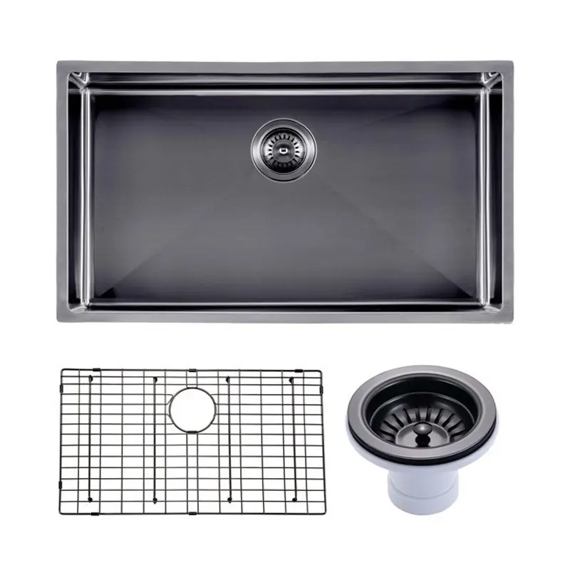 [41543] (C-762 Black)Round Corner Stainless Steel Gun Metal Grey PVD Coating Single Bowl Kitchen Sink(With Bottom Grid) 762*457*254mm