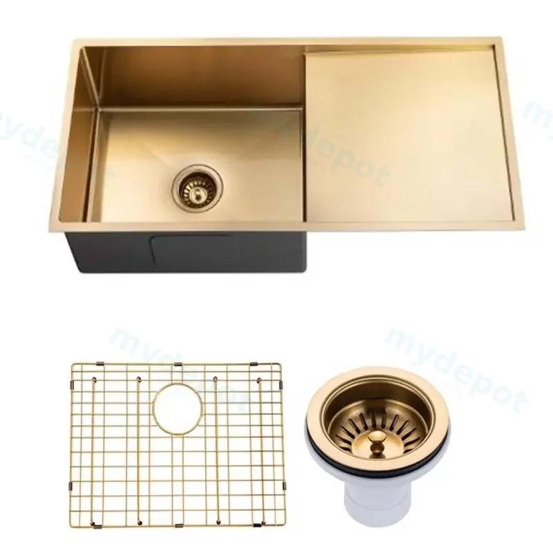 [41544] (C-960 Gold)Round Corner Stainless Steel Brushed Brass PVD Coating Single Bowl With Drain Board Kitchen Sink(With Bottom Grid) 960*450*230mm