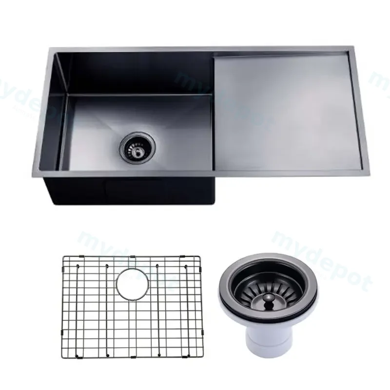 (C-960 Black)Round Corner Stainless Steel Gun Metal Grey PVD Coating Single Bowl With Drain Board Kitchen Sink(With Bottom Grid) 960*450*230mm
