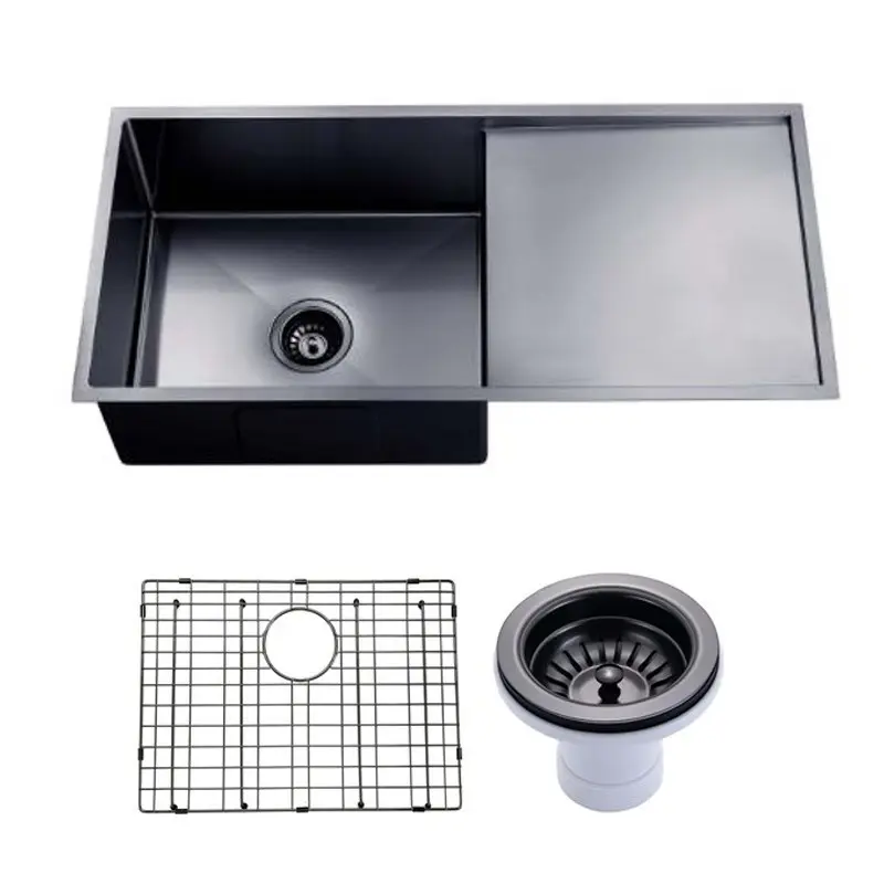 [41545] (C-960 Black)Round Corner Stainless Steel Gun Metal Grey PVD Coating Single Bowl With Drain Board Kitchen Sink(With Bottom Grid) 960*450*230mm