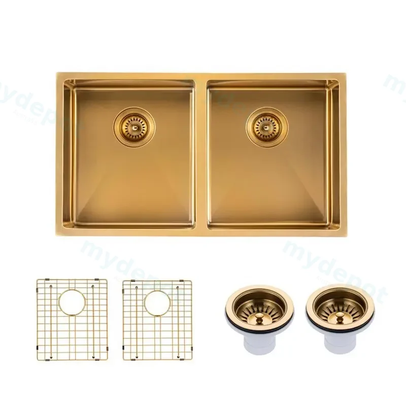 (C-770 Gold)Round Corner Stainless Steel Brushed Brass PVD Coating Double Bowl Kitchen Sink(With Bottom Grid) 770*450*215mm