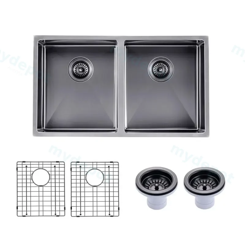 [41548] (C-770 Black)Round Corner Stainless Steel Gun Metal Grey PVD Coating Double Bowl Kitchen Sink(With Bottom Grid) 770*450*215mm