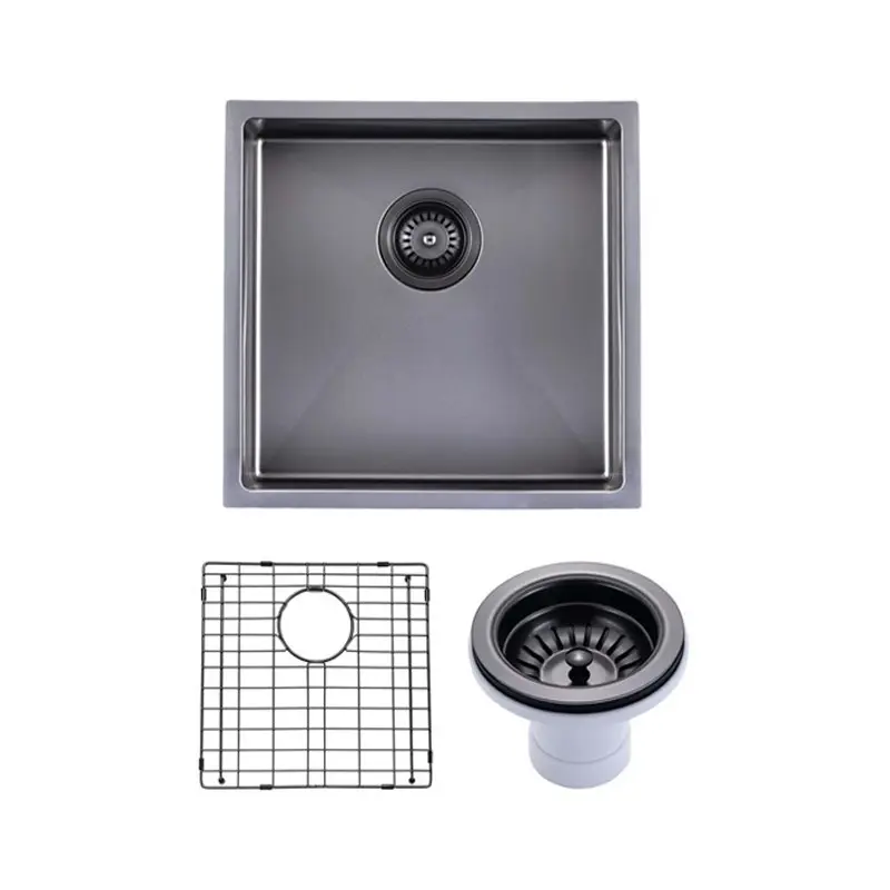 [41550] (C-440 Black)Round Corner Stainless Steel Gun Metal Grey PVD Coating Single Bowl Kitchen Sink(With Bottom Grid) 440*440*205mm