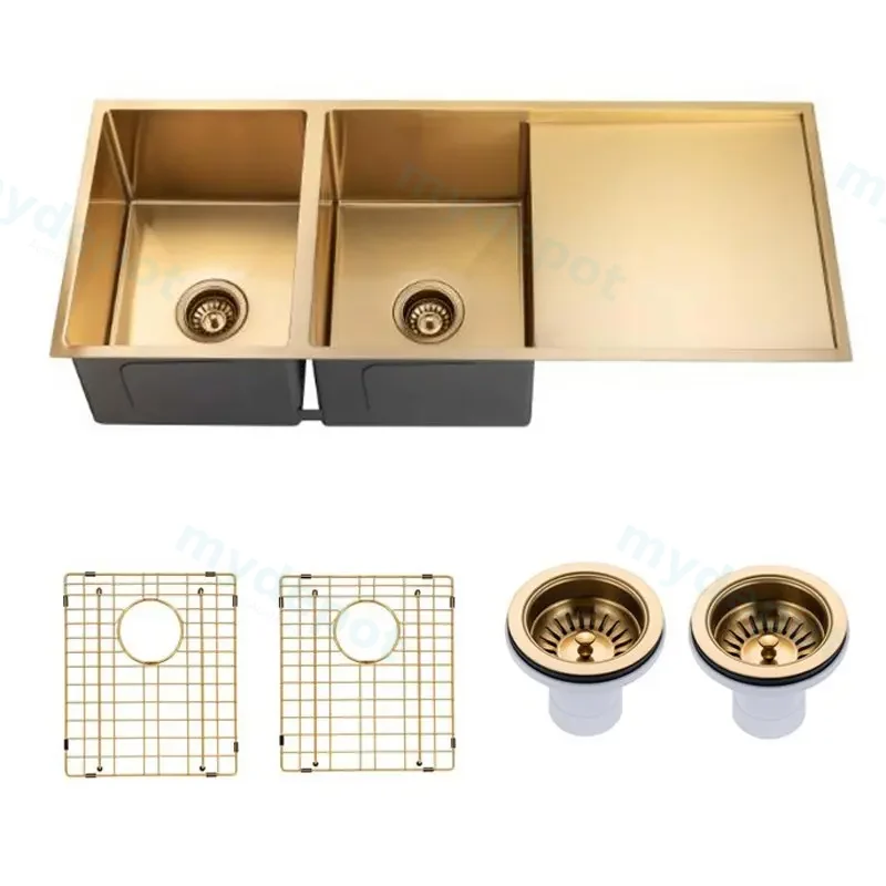 (C-1160 Gold)Round Corner Stainless Steel Brushed Brass PVD Coating Double Bowl With Drain Board Kitchen Sink(With Bottom Grid) 1160*460*230mm