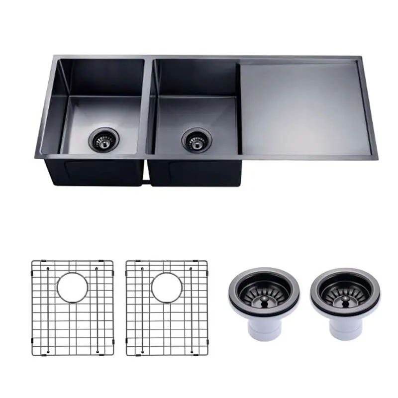 [41552] (C-1160 Black)Round Corner Stainless Steel Gun Metal Grey PVD Coating Double Bowl With Drain Board Kitchen Sink(With Bottom Grid) 1160*460*230mm