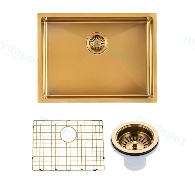 [41553] (C-600 Gold)Round Corner Stainless Steel Brushed Brass PVD Coating Single Bowl Kitchen Sink(With Bottom Grid) 600*450*230mm
