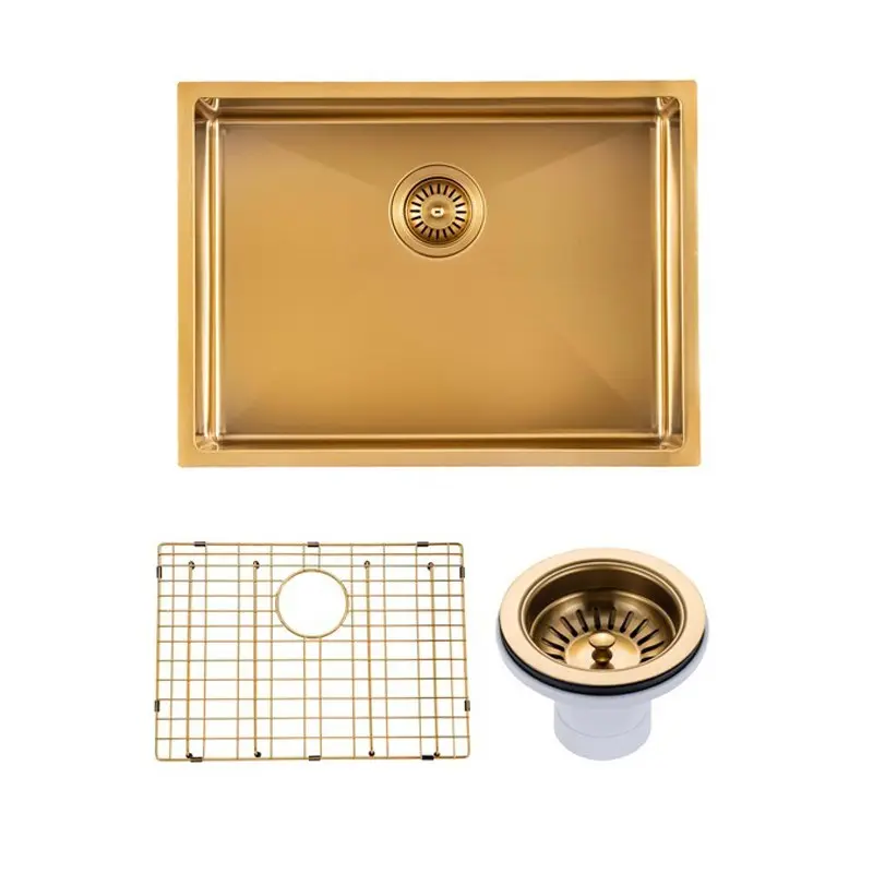 [41555] (C-600D Gold)Round Corner Stainless Steel Brushed Brass PVD Coating Single Bowl Kitchen Sink(With Bottom Grid) 600*450*300mm