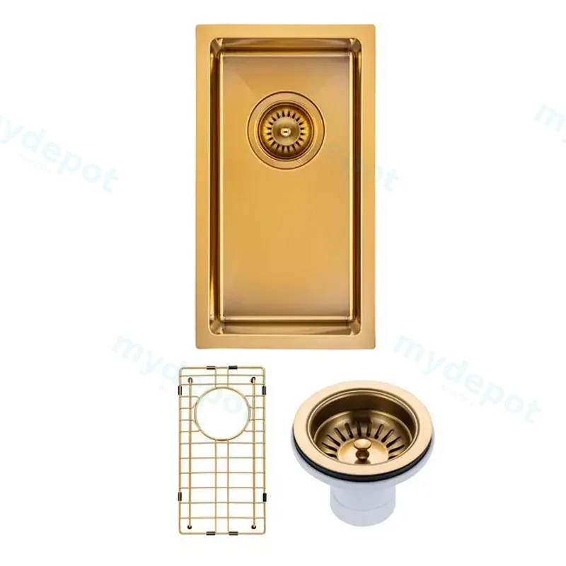 [41557] (C-250 Gold)Round Corner Stainless Steel Brushed Brass PVD Coating Single Bowl Kitchen Sink(With Bottom Grid) 250*450*215mm