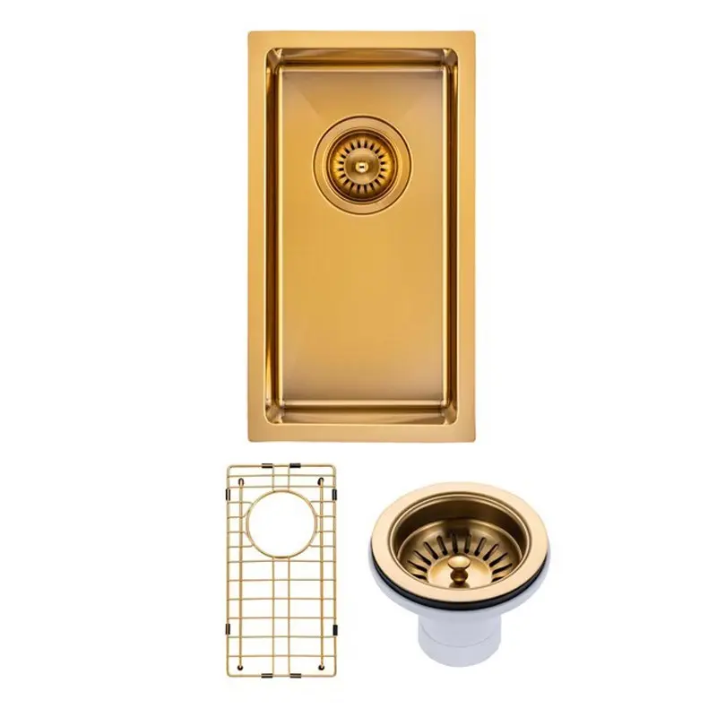 [41557] (C-250 Gold)Round Corner Stainless Steel Brushed Brass PVD Coating Single Bowl Kitchen Sink(With Bottom Grid) 250*450*215mm
