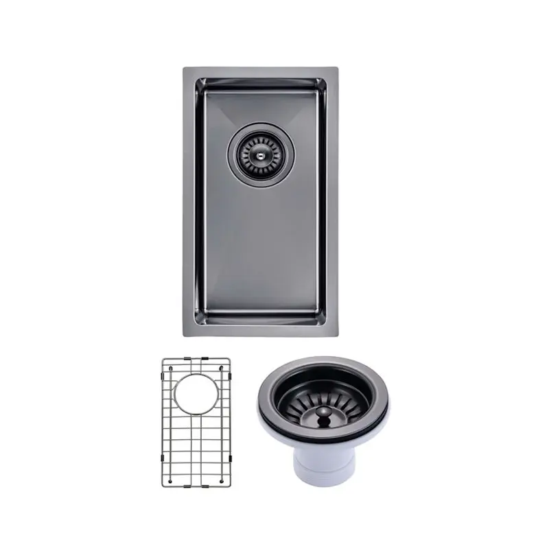 [41558] (C-250 Black)Round Corner Stainless Steel Gun Metal Grey PVD Coating Single Bowl Kitchen Sink(With Bottom Grid) 250*450*215mm