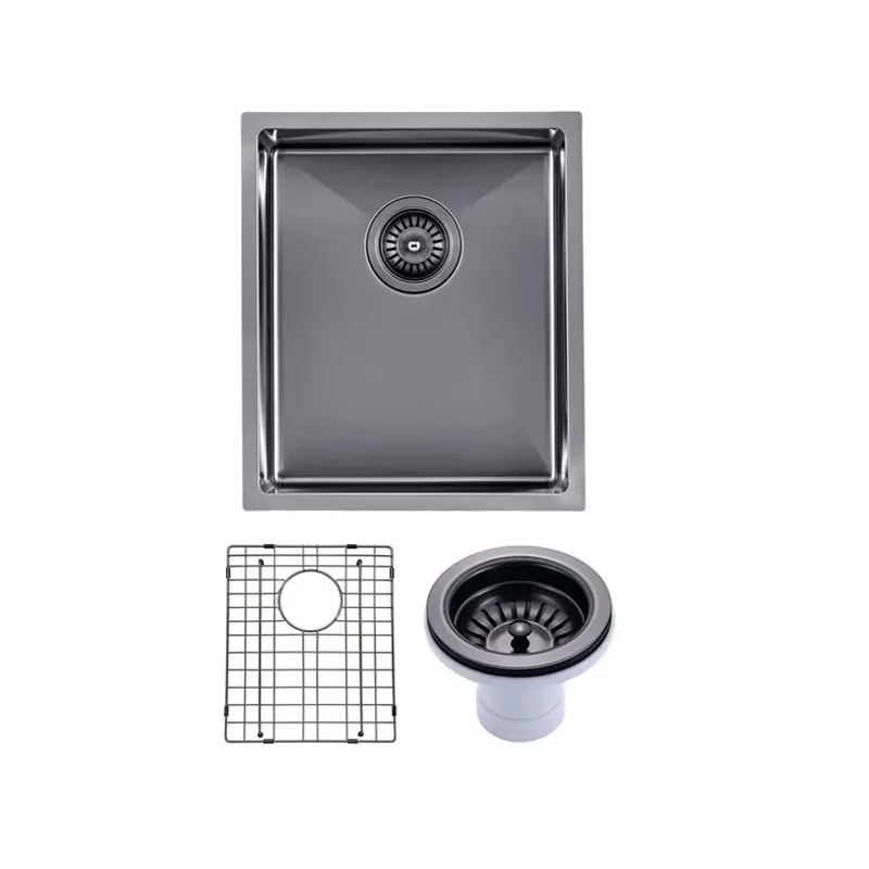 [41560] (C-390 Black)Round Corner Stainless Steel Gun Metal Grey PVD Coating Single Bowl Kitchen Sink(With Bottom Grid) 390*450*215mm