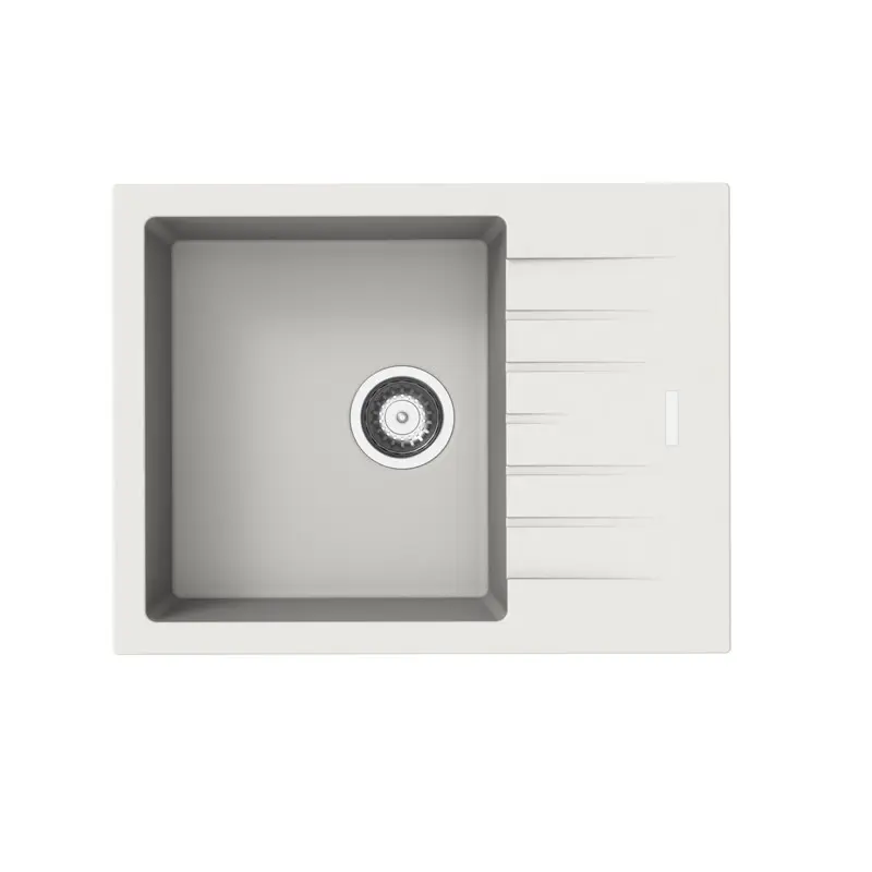 [41581] White Carysil City D100N Granite Single Bowl With Drain Board Stone Kitchen Sink 650*500*200mm