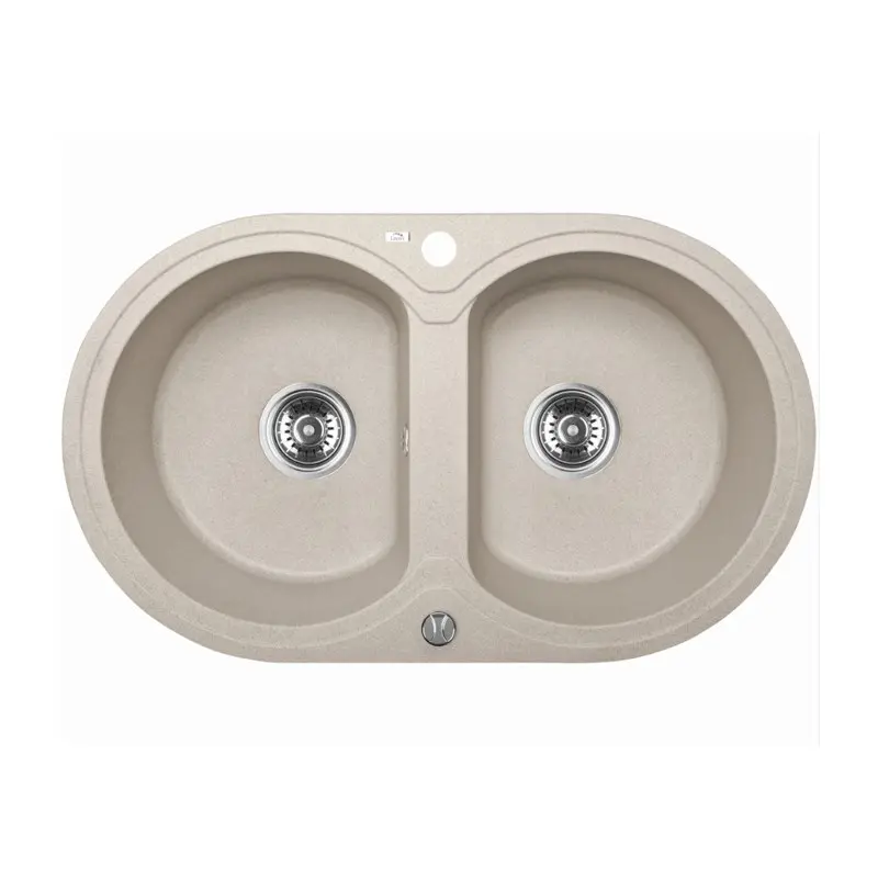 [41594] Laveo Dafne Beige Granite Double Bowl Stone Kitchen Sink 470*780*204mm(Including Space Saving Siphon And Click-Clack Plug)