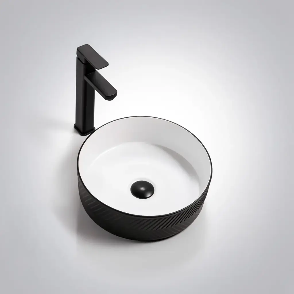 [41636] 365*365*120mm Polar Black Textured Exterior Finish With Arrow Pattern & Matte White Interior Finish Above Counter Basin(32mm Nonoverflow)