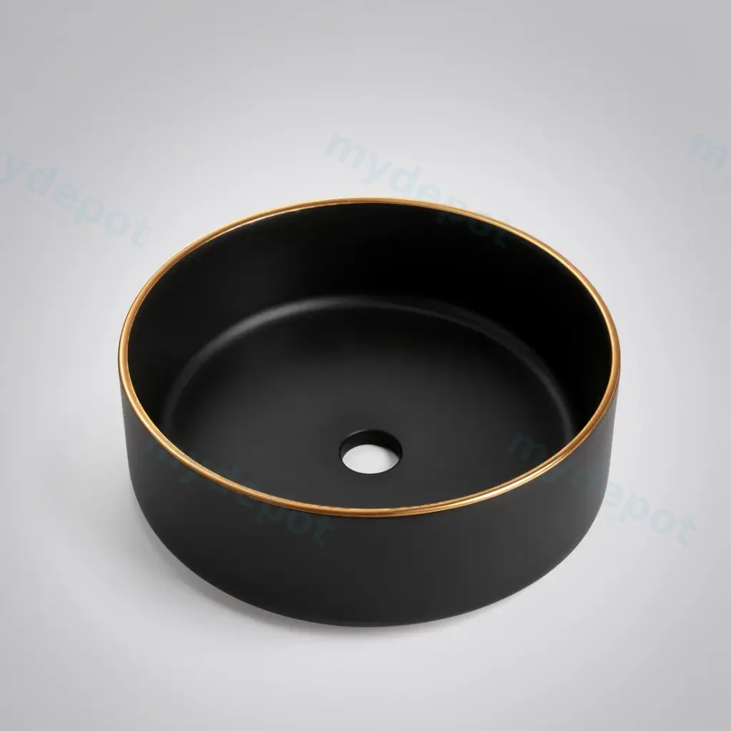 [41666] 360*360*125mm Matte Black With Gold Rim Above Counter Basin(32mm Nonoverflow)