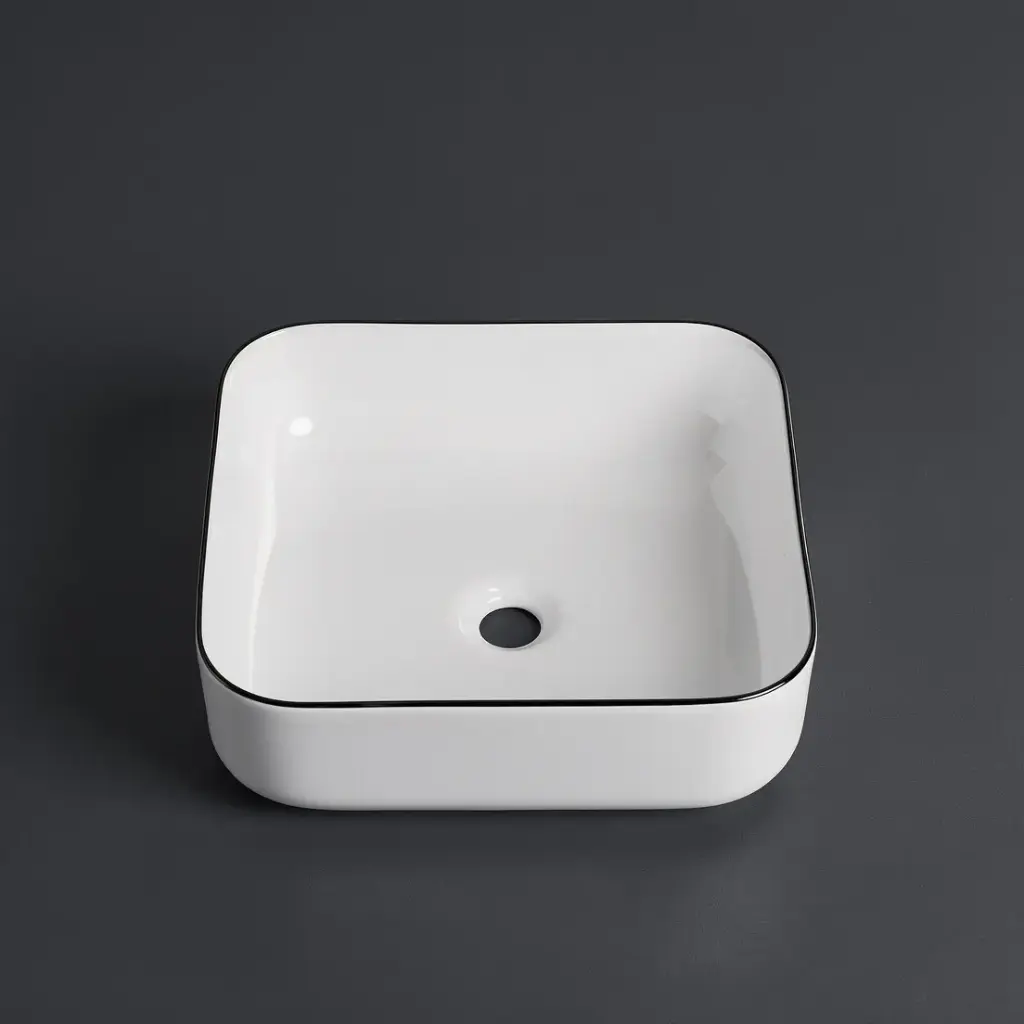[41668] 385*385*140mm Gloss White With Black Rim Above Counter Basin(32mm Nonoverflow)