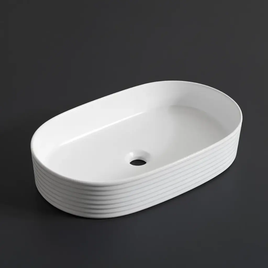 [41693] 600*380*125mm Gloss White With Fluted Design Above Counter Basin(32mm Nonoverflow)