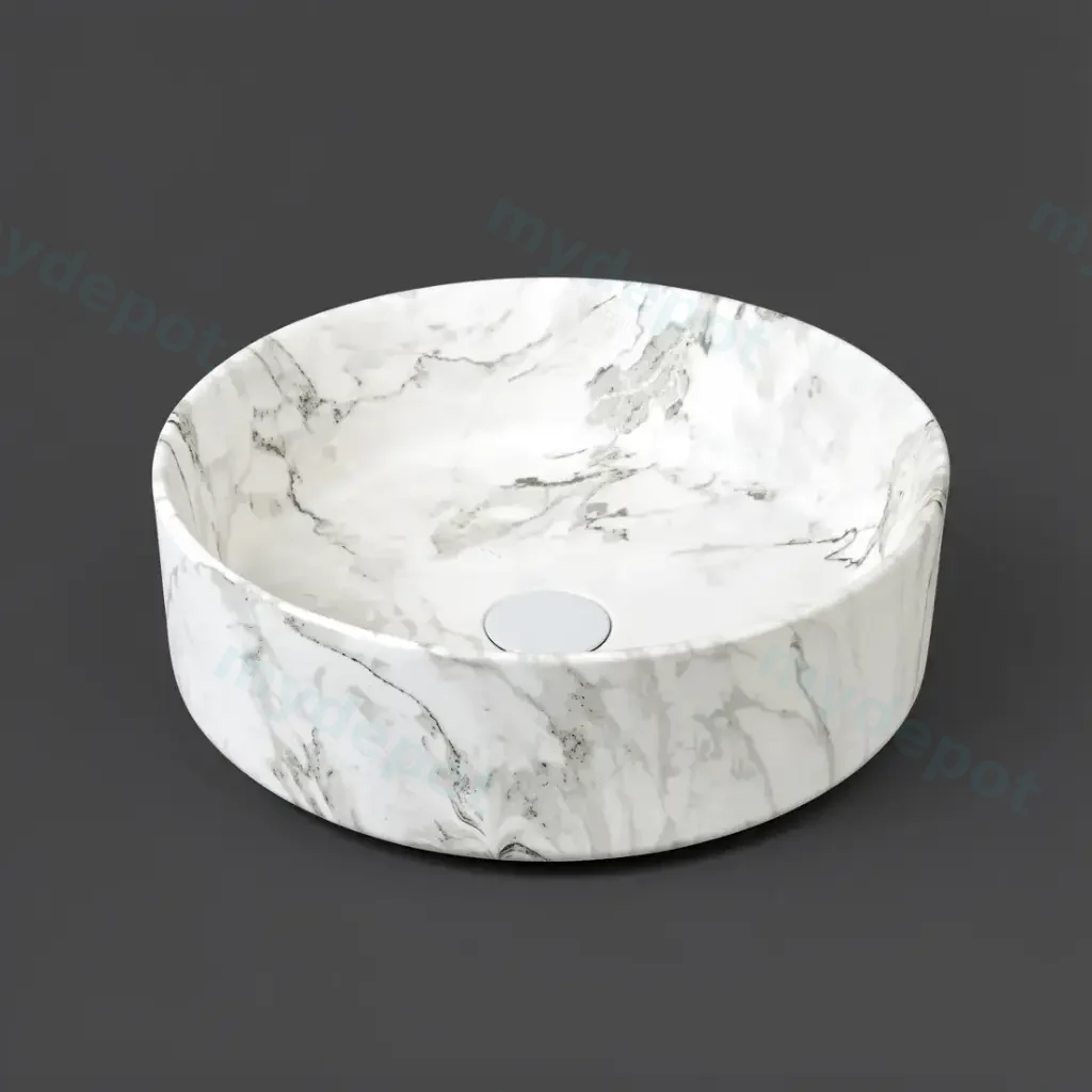 [41721] 405*405*130mm Matte White With Delicate Stone-look Veining Above Counter Basin(32mm Nonoverflow)