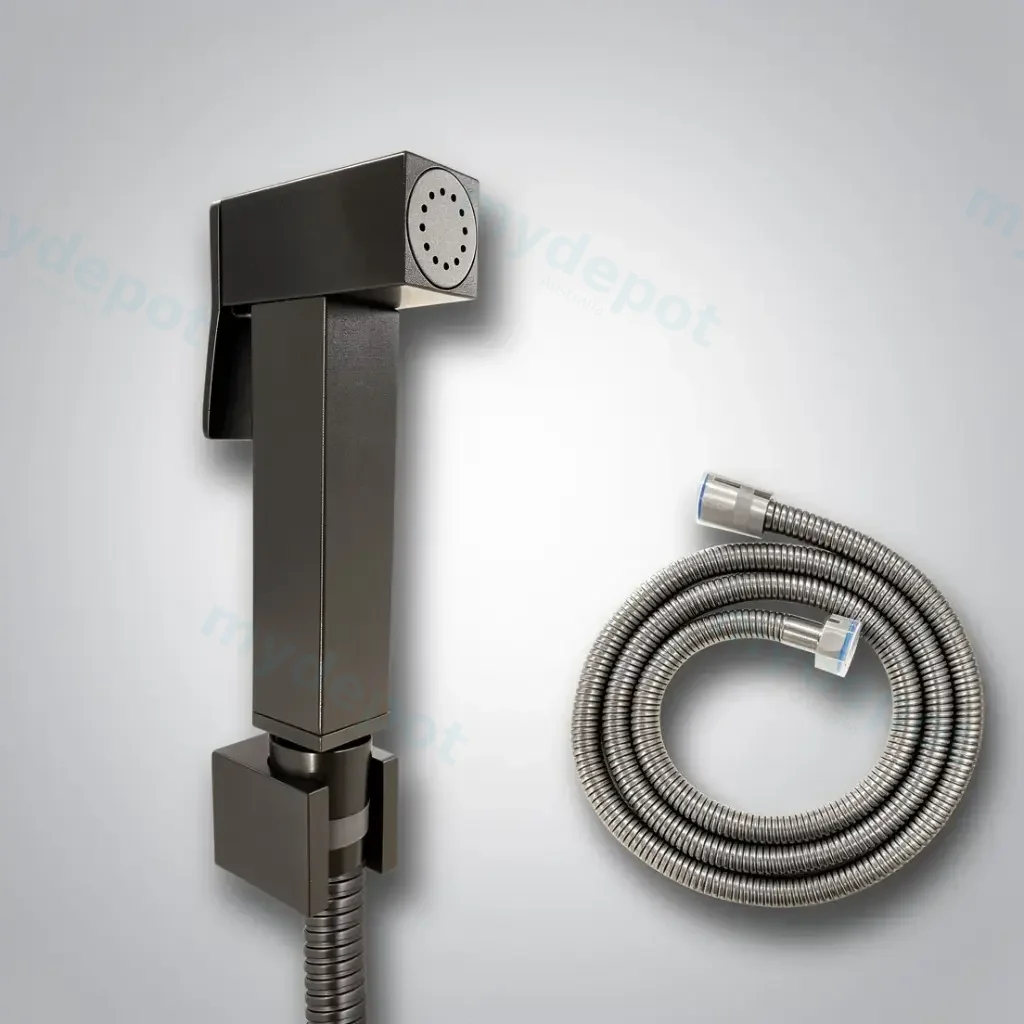 [42006] Square Gun Metal Grey Brass Toilet Bidet Spray Kit With Stainless Steel Hose