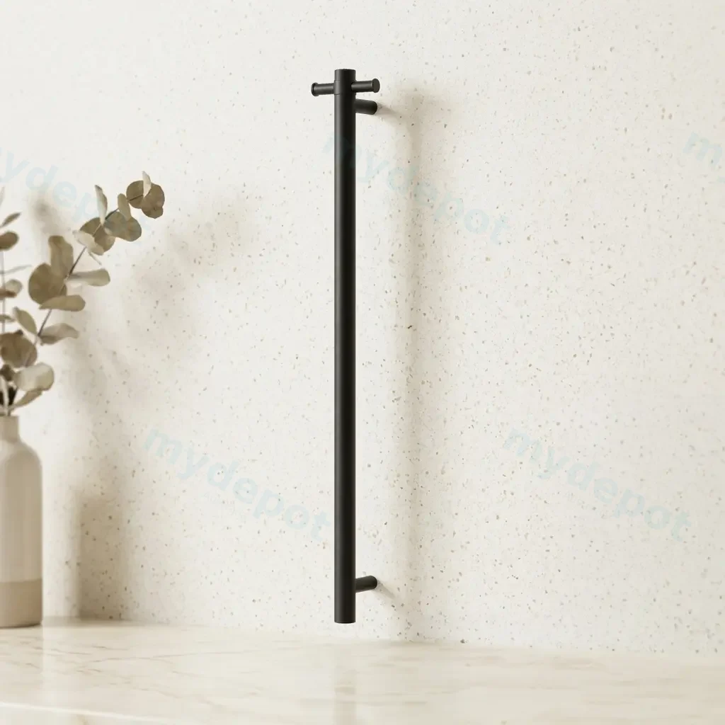 [42009] Round Vertical Matte Black Electric Heated Towel Rack Single Bar