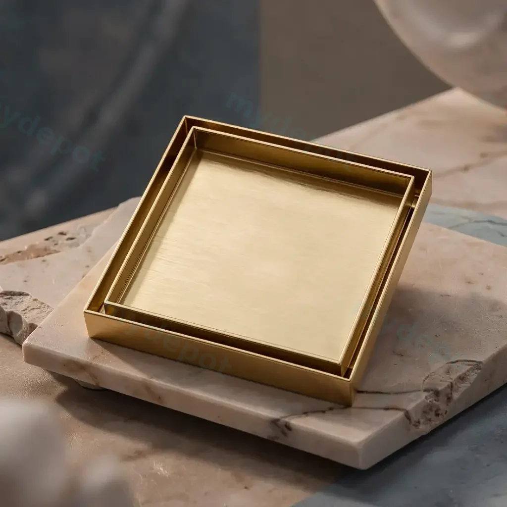 [42026] 120*120mm Brushed Brass Stainless Steel Tile Insert Floor Drain(80mm Outlet)